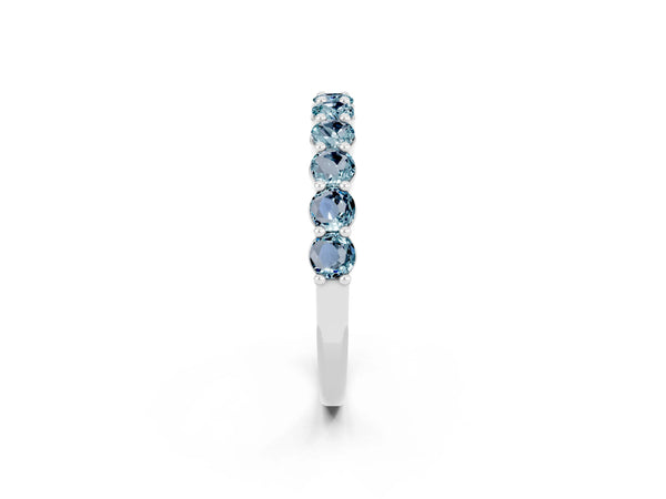 White Gold Round Aquamarine Half Eternity Wedding Band with Prong Setting