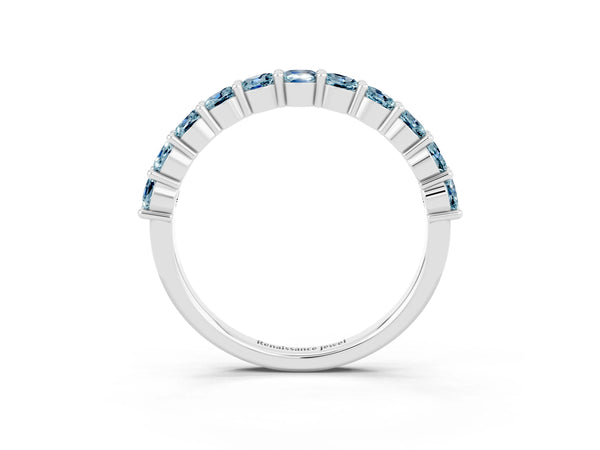 White Gold Round Aquamarine Half Eternity Wedding Band with Prong Setting