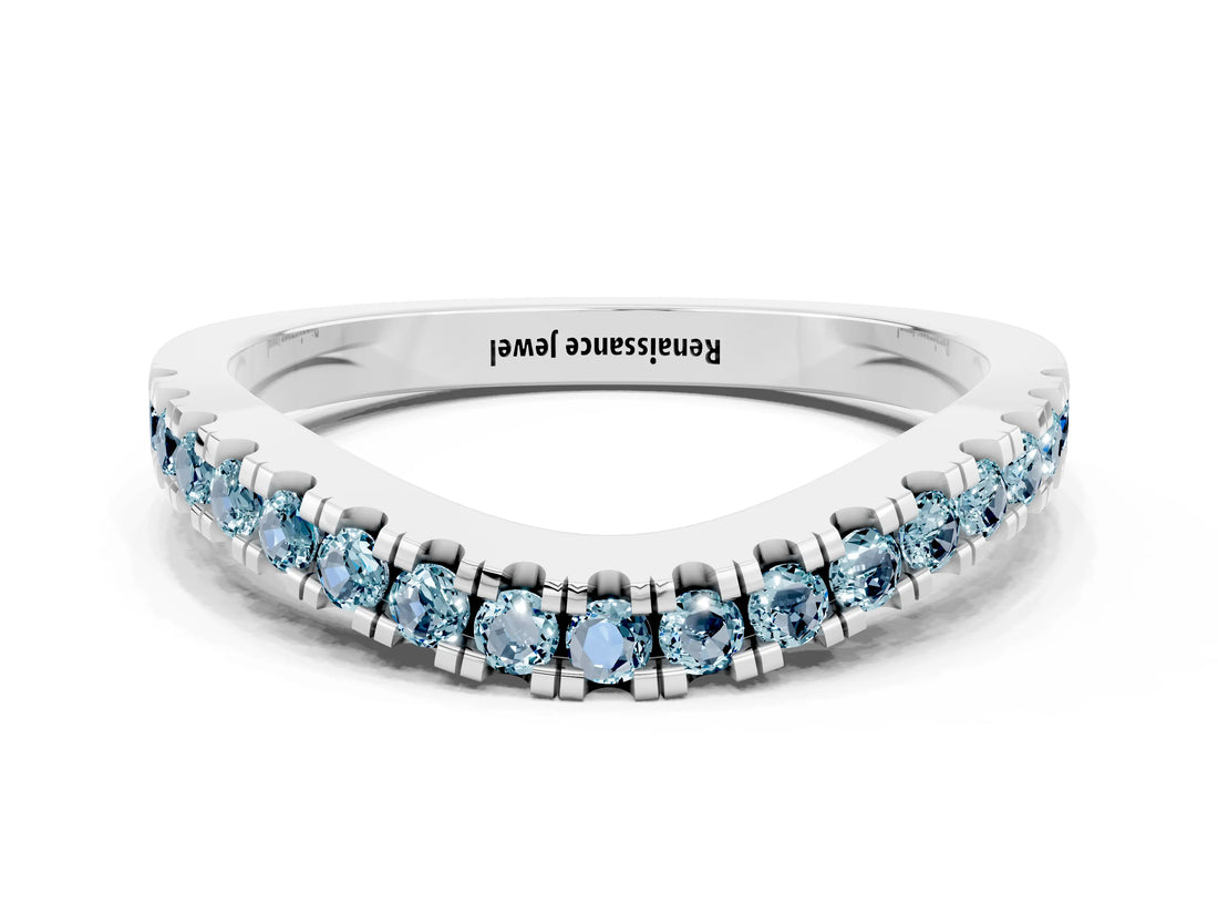 White gold Round Aquamarine Pavé Curved Band with Shared Prong Setting_6