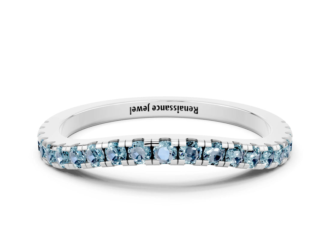 White gold Round Aquamarine Pavé Half Eternity Band with Shared Prong Setting_6