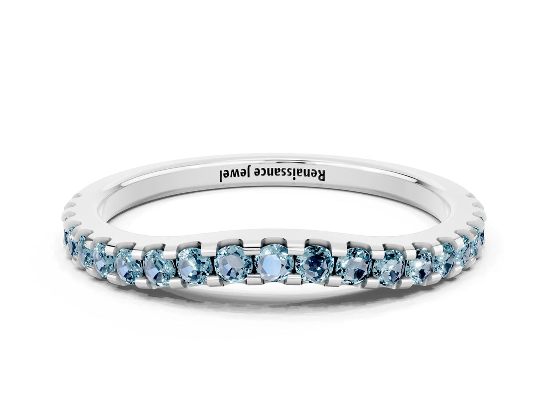 White gold Round Aquamarine Pavé Set Curved Wedding Band_10
