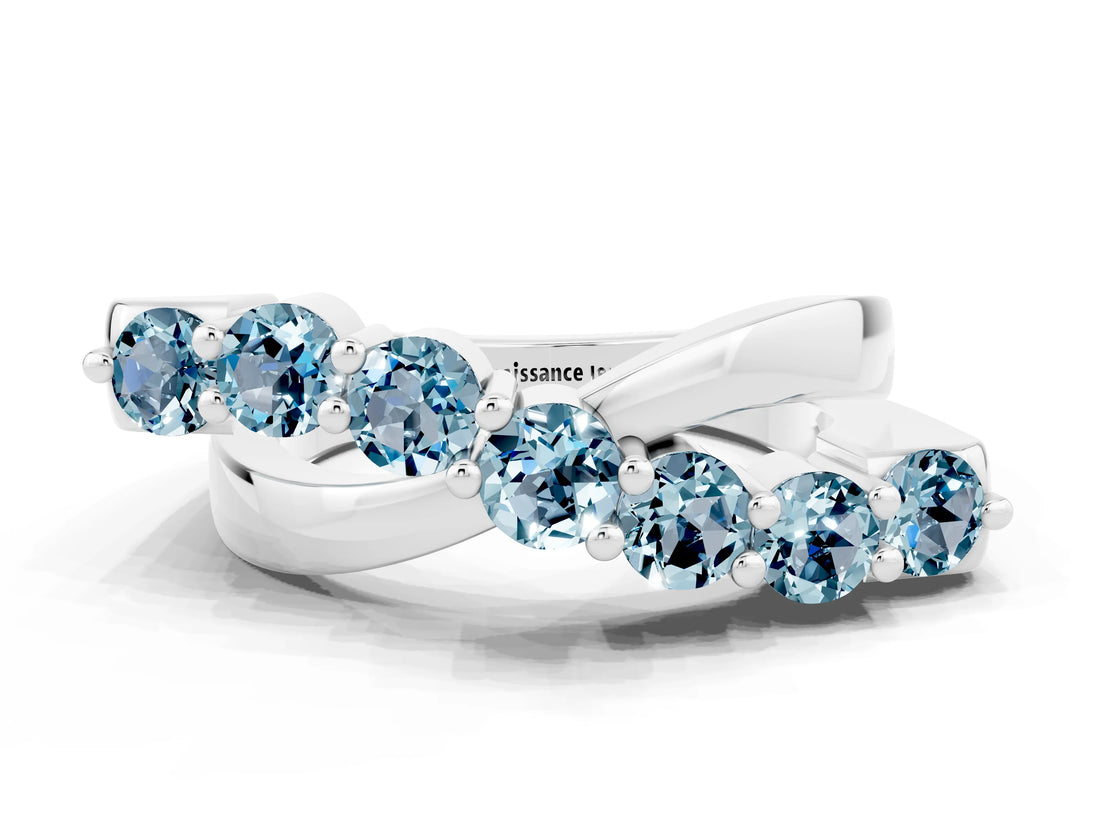 White gold Round Aquamarine Prong-Set Crossover Band_6