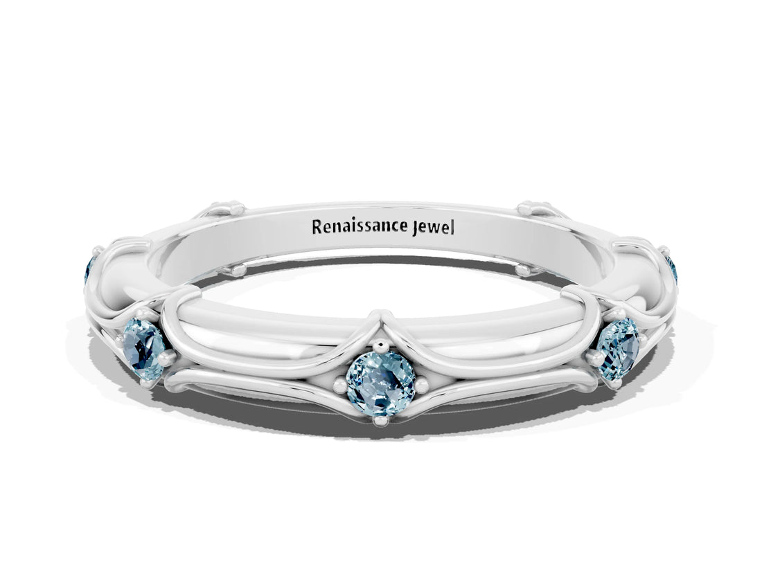 White gold Round Aquamarine Prong Set Milgrain Eternity Band_18