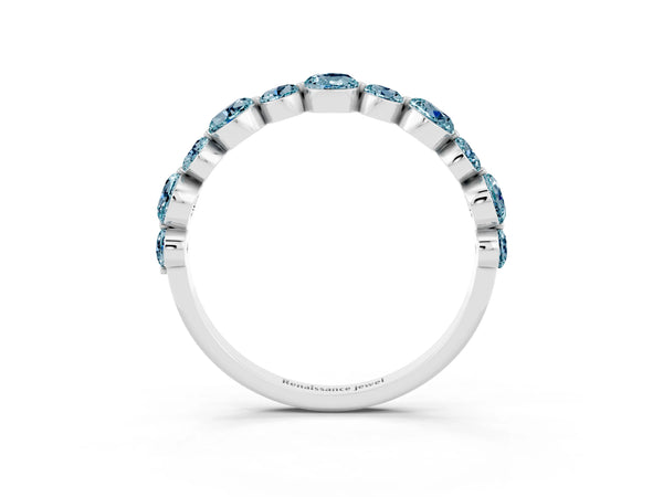 White Gold Round Aquamarine Half Eternity Band with Scalloped Prong Setting