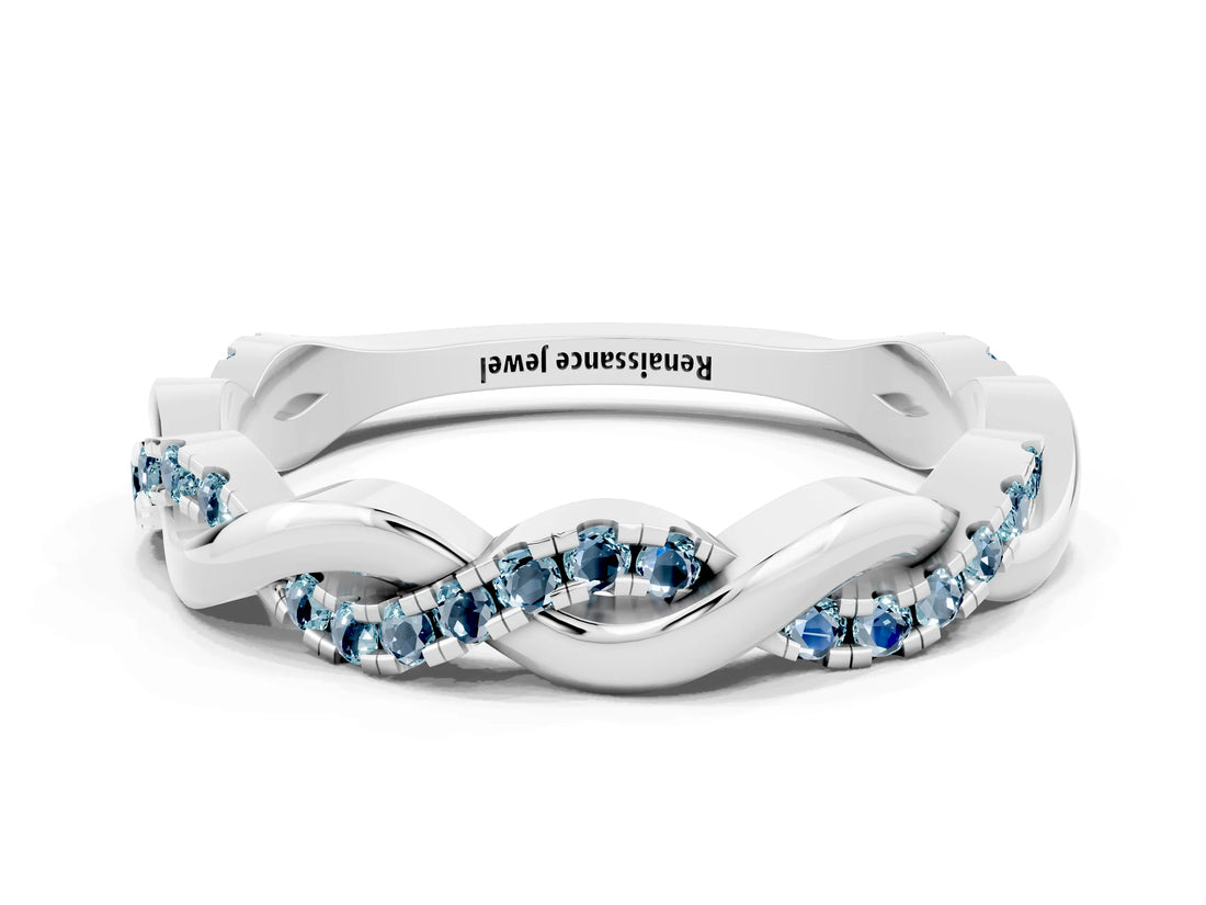 White gold Round Aquamarine Twist Eternity Band with Pavé Setting_6