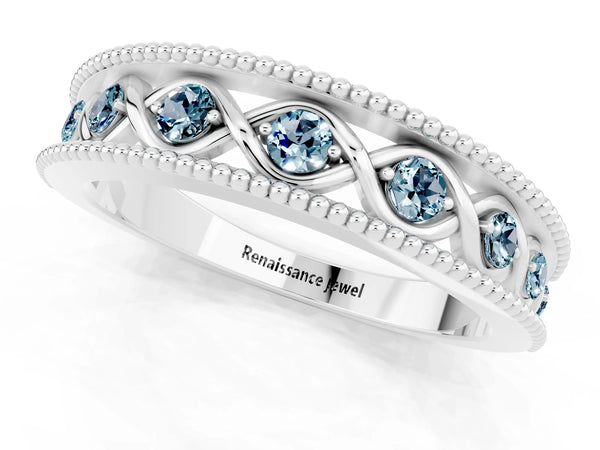 Platinum Round Aquamarine Vintage Twist Wedding Band with Milgrain Rails