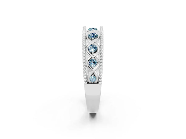 Platinum Round Aquamarine Vintage Twist Wedding Band with Milgrain Rails