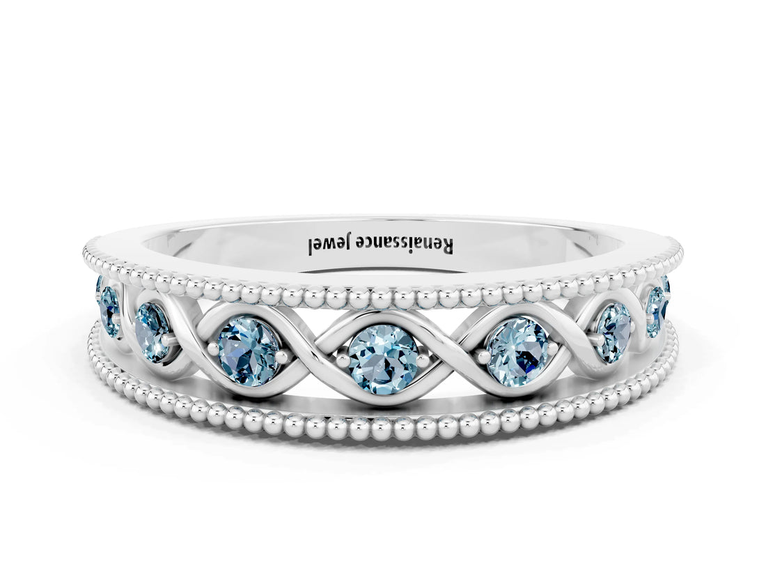 White gold Round Aquamarine Twist Milgrain Band with Bezel Setting