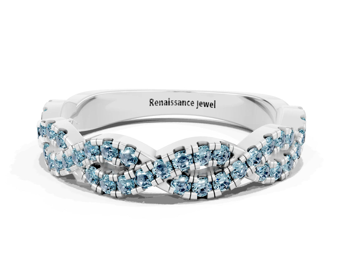 White gold Round Aquamarine Twisted Eternity Band with Pavé and Shared Prong Setting_18