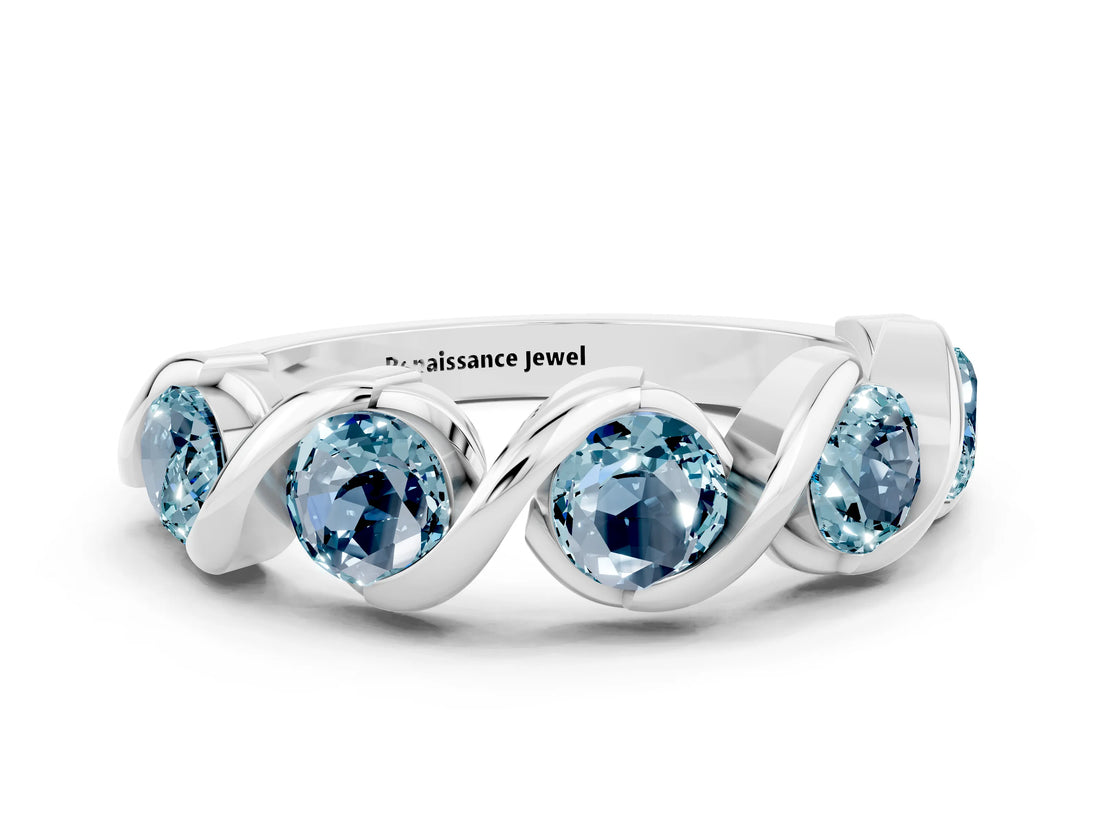White gold Round Aquamarine Wave Band with Channel Setting and Shared Prongs_6