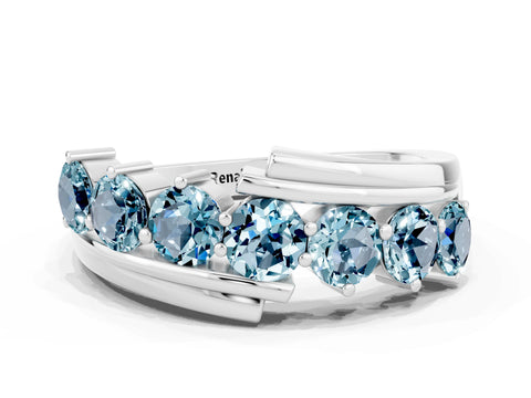 White gold Round Aquamarine Wave Band with Channel and Shared Prong Setting_18