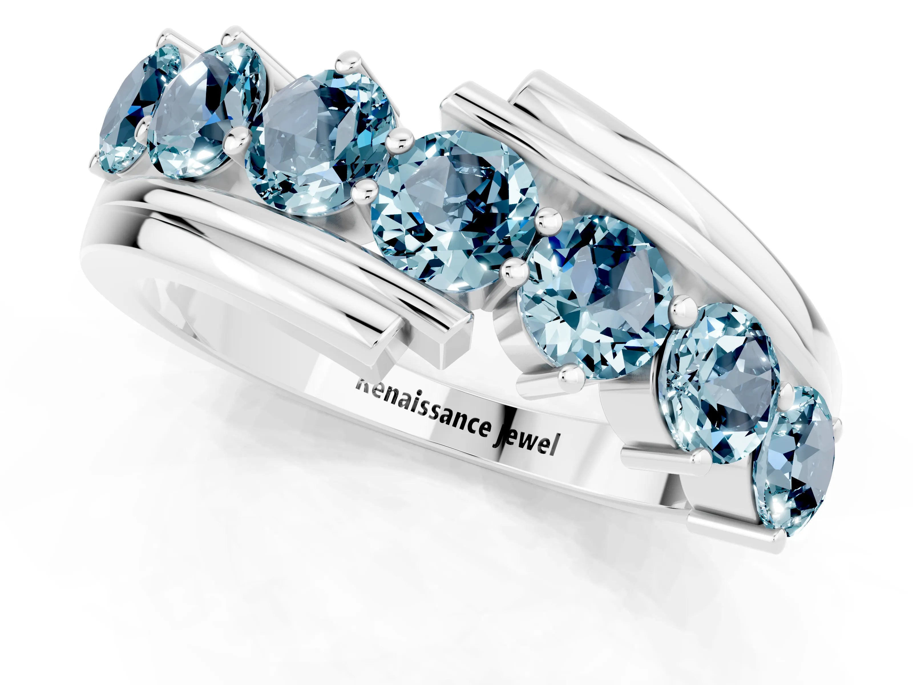 White gold Round Aquamarine Wave Band with Channel and Shared Prong Setting_19