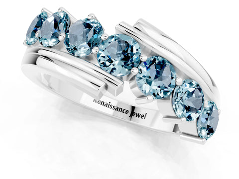 White gold Round Aquamarine Wave Band with Channel and Shared Prong Setting_19