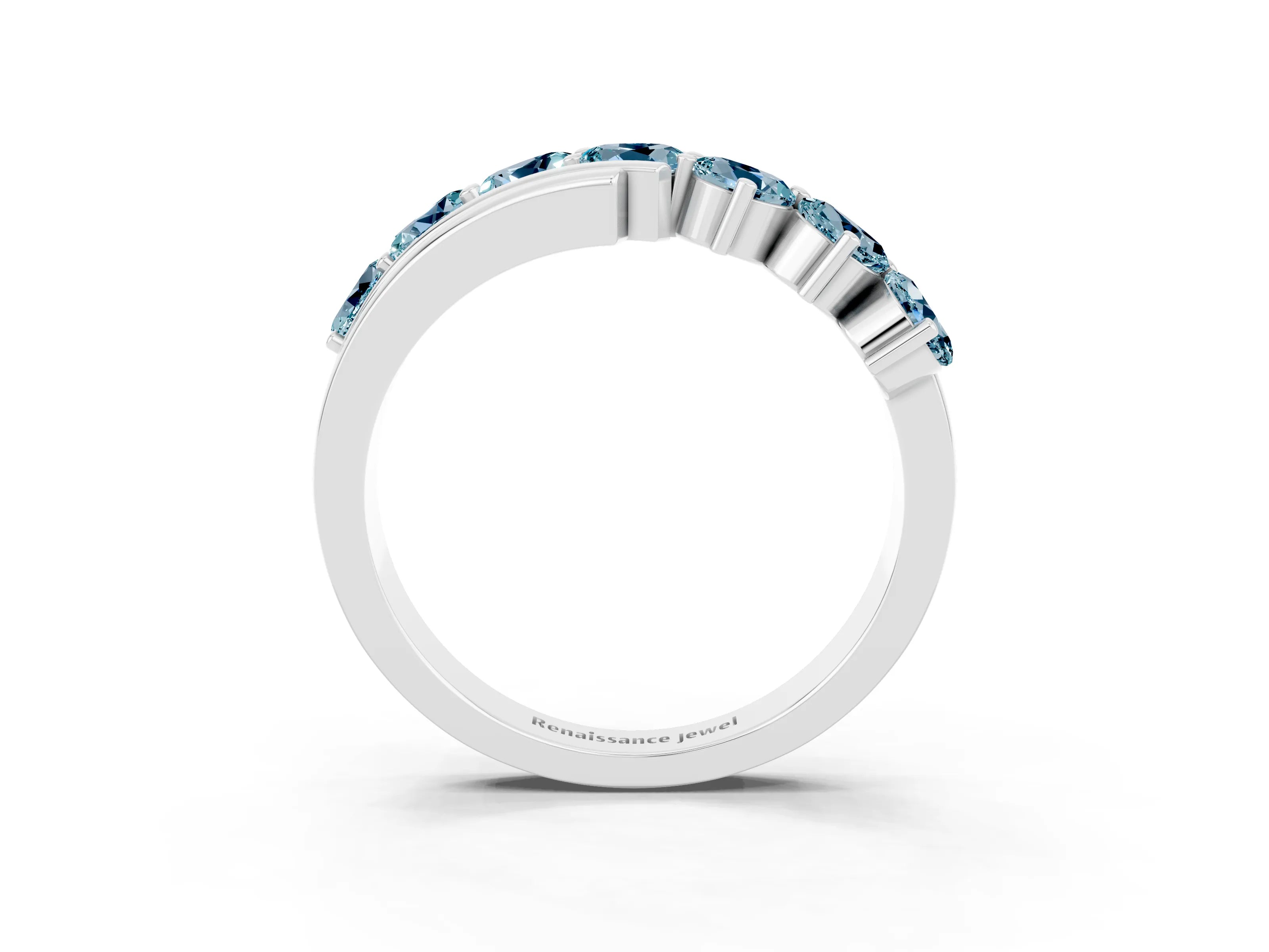 White gold Round Aquamarine Wave Band with Channel and Shared Prong Setting_21