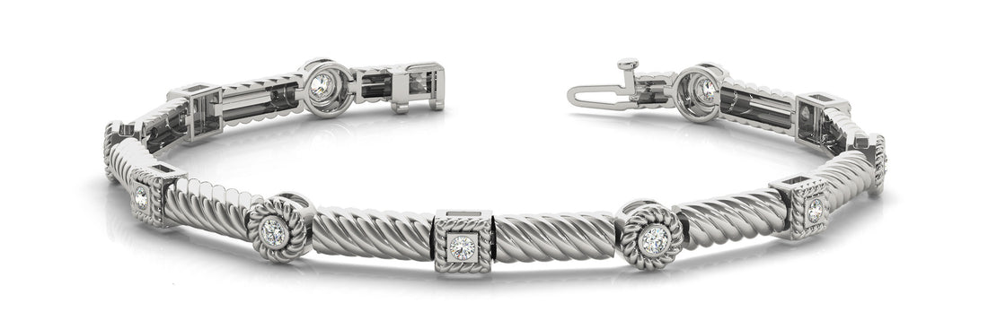White gold Round Bezel Set Diamond Rope Bracelet with Box Clasp