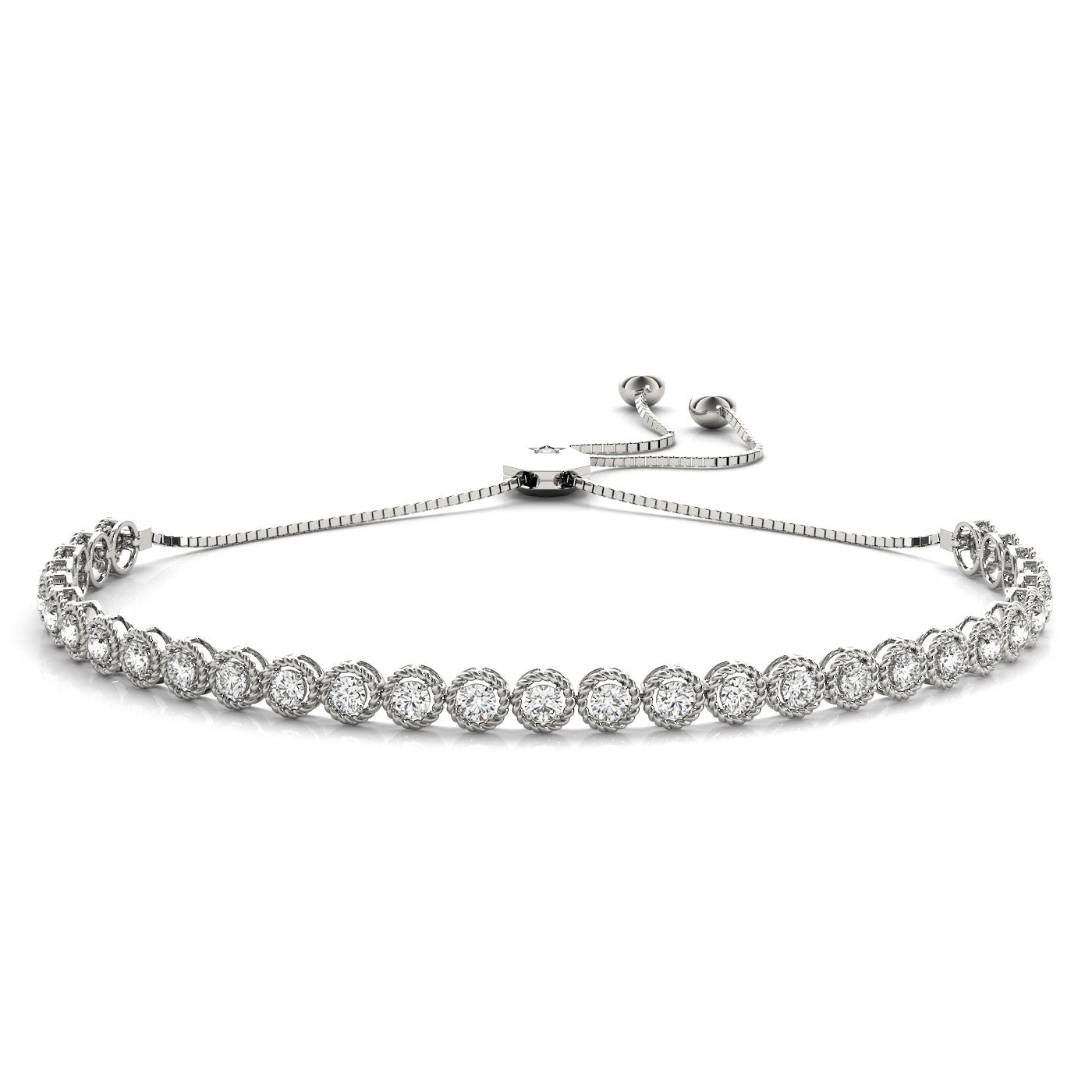 White gold Round Bezel-Set Diamond Tennis Bracelet with Adjustable Box Chain