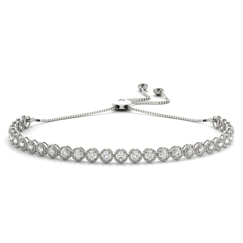 White gold Round Bezel-Set Diamond Tennis Bracelet with Adjustable Box Chain