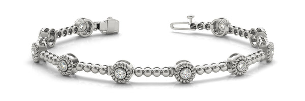 White gold Round Bezel Set Diamond Tennis Bracelet with Beaded Band
