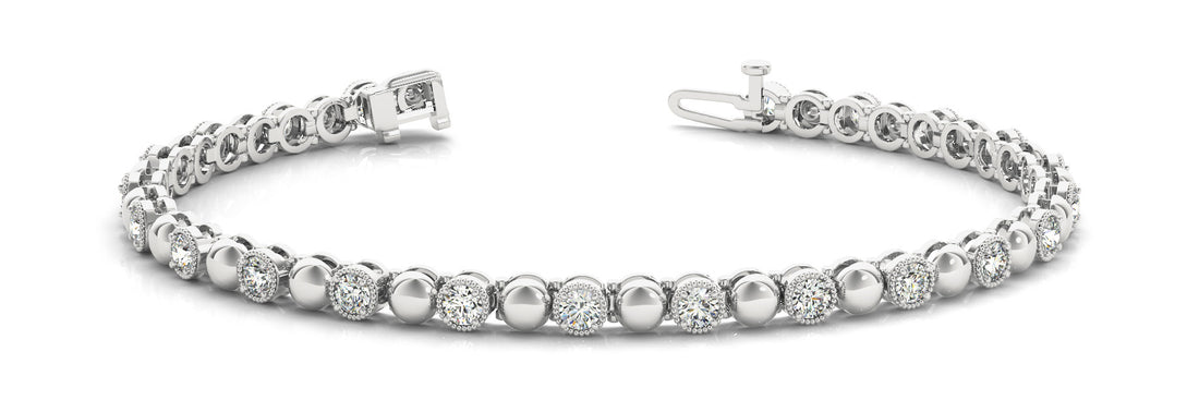 White gold Round Bezel-Set Diamond Tennis Bracelet with Milgrain Prong Setting