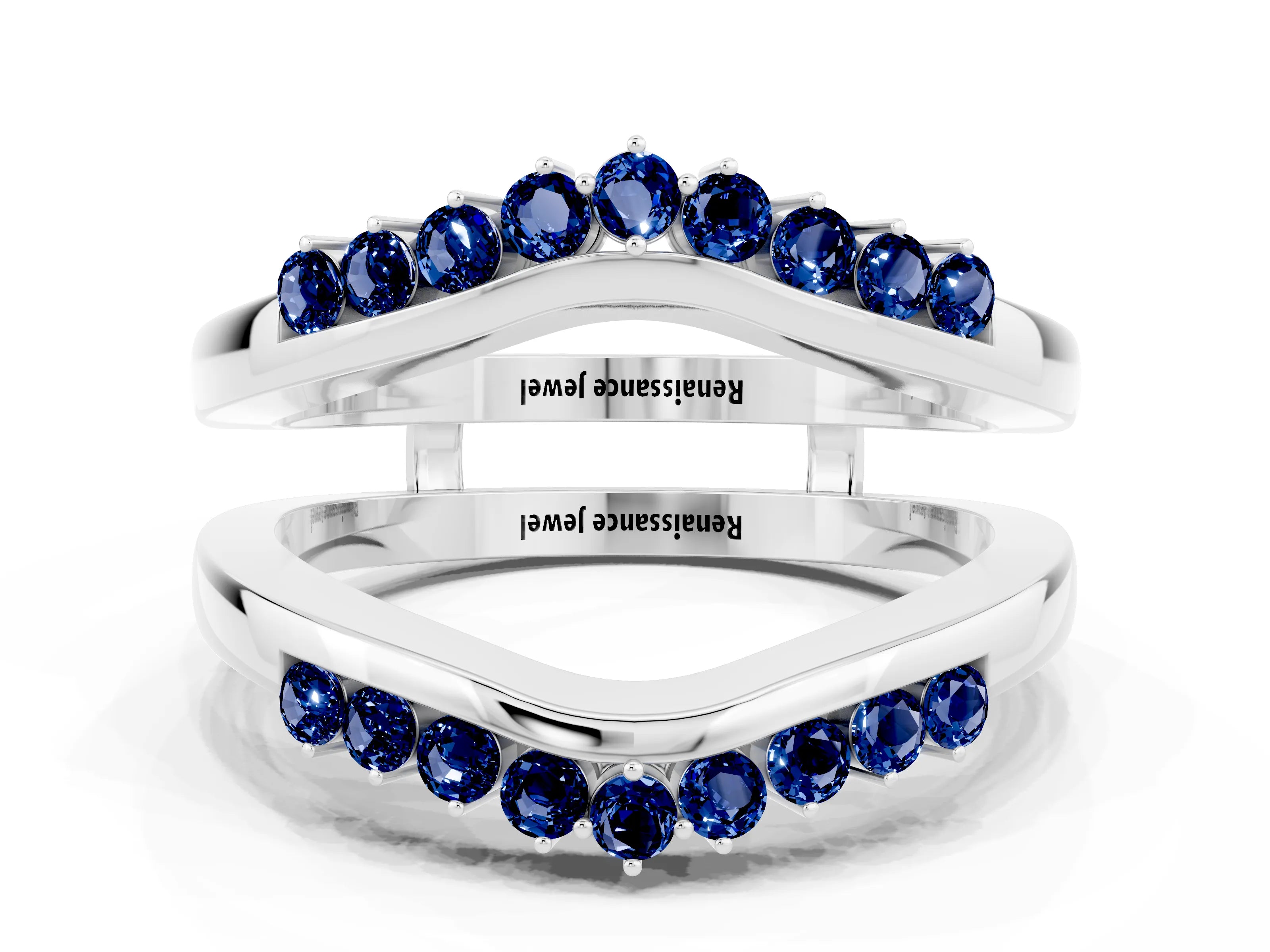 Platinum Round Blue Sapphire Chevron Contour Band with Prong Setting