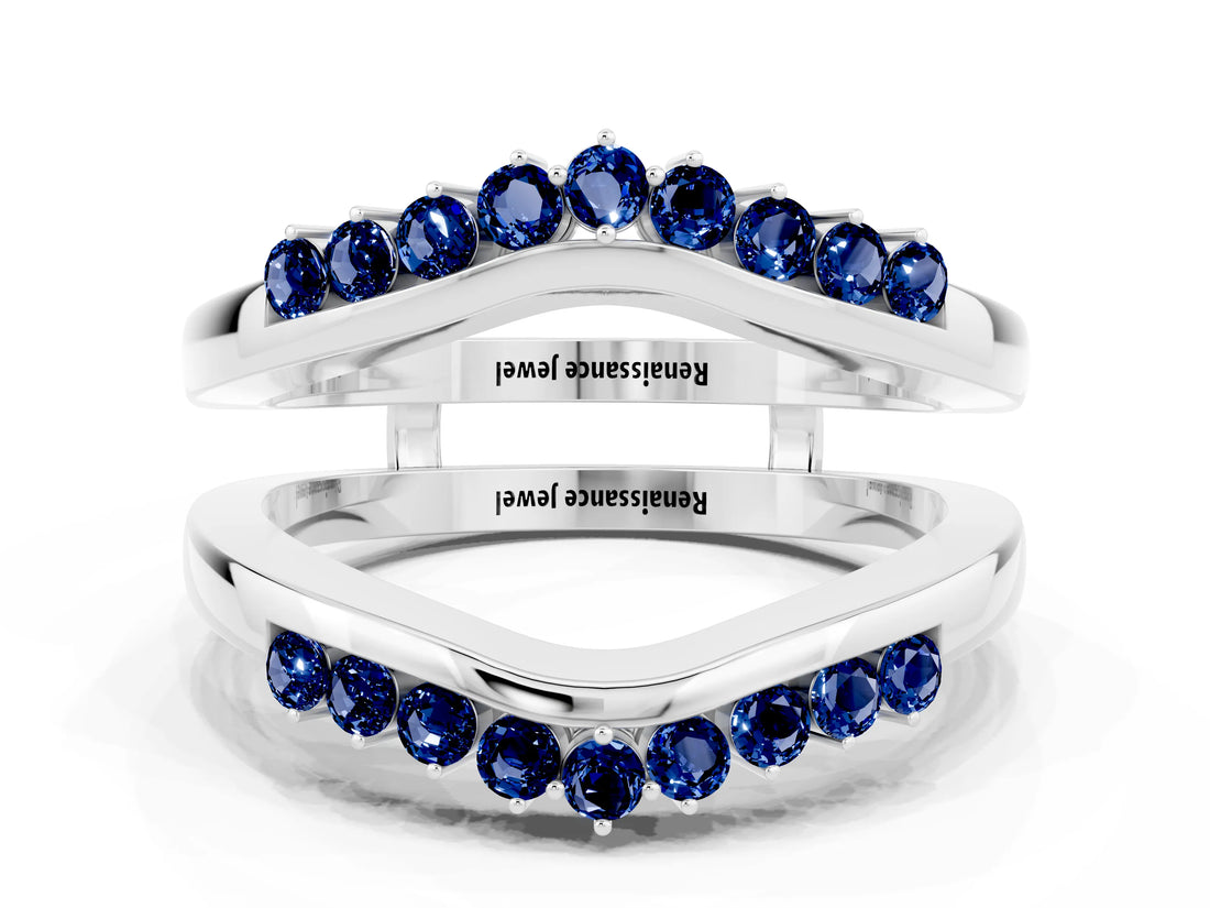 White gold Round Blue Sapphire Chevron Contour Band with Prong Setting_6