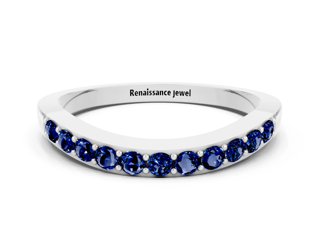 White gold Round Blue Sapphire Curved Wedding Band with Channel Setting_6