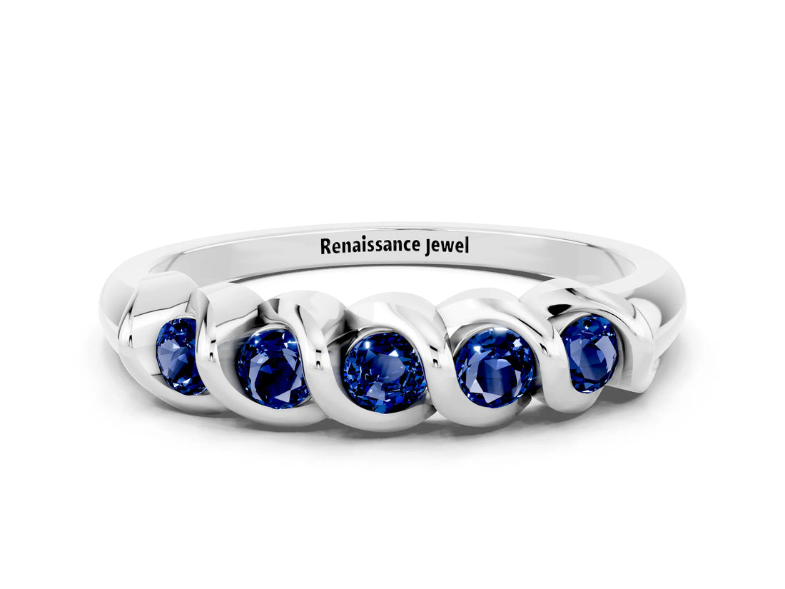 White gold Round Blue Sapphire Eternity Band with Twist Prong Setting_12