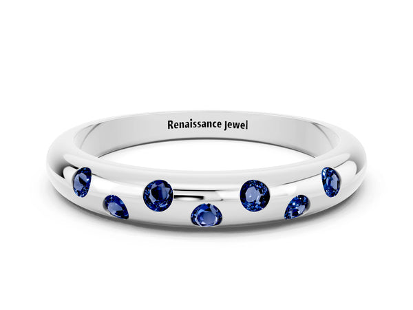 White Gold Round Lab-Grown Blue Sapphire Flush Set Domed Wedding Band with Staggered Stones