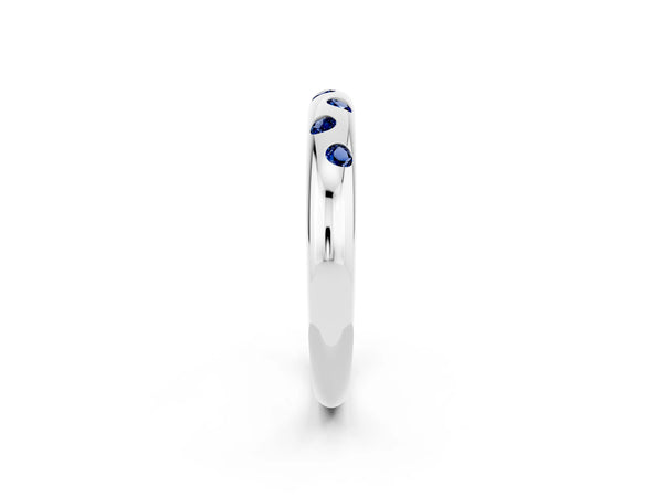 White Gold Round Lab-Grown Blue Sapphire Flush Set Domed Wedding Band with Staggered Stones