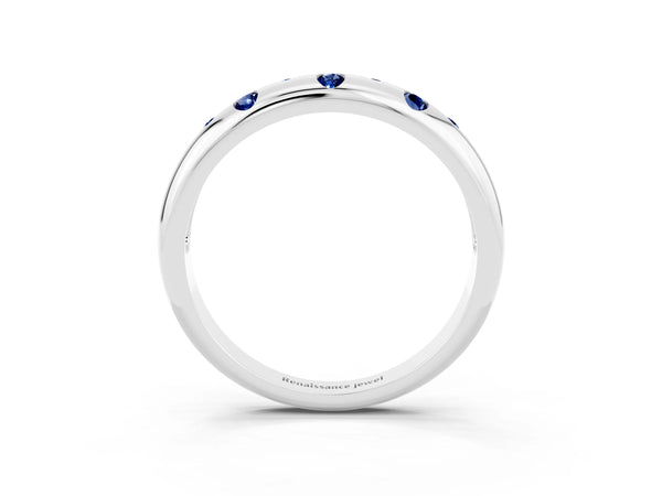 White Gold Round Lab-Grown Blue Sapphire Flush Set Domed Wedding Band with Staggered Stones