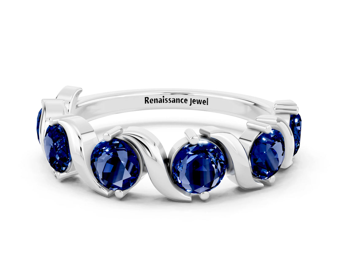 White gold Round Blue Sapphire Half Eternity Band with Wave Prong Setting_6