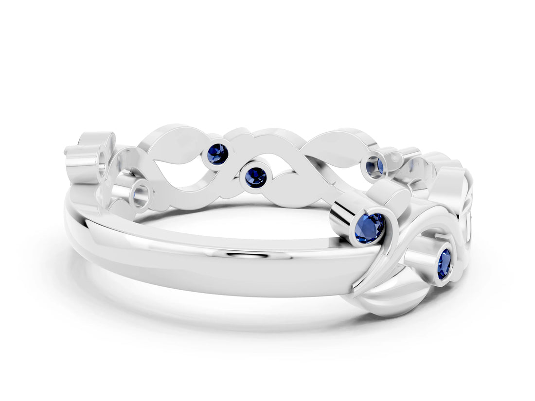 White gold Round Blue Sapphire Leaf Eternity Band with Bezel Setting_78