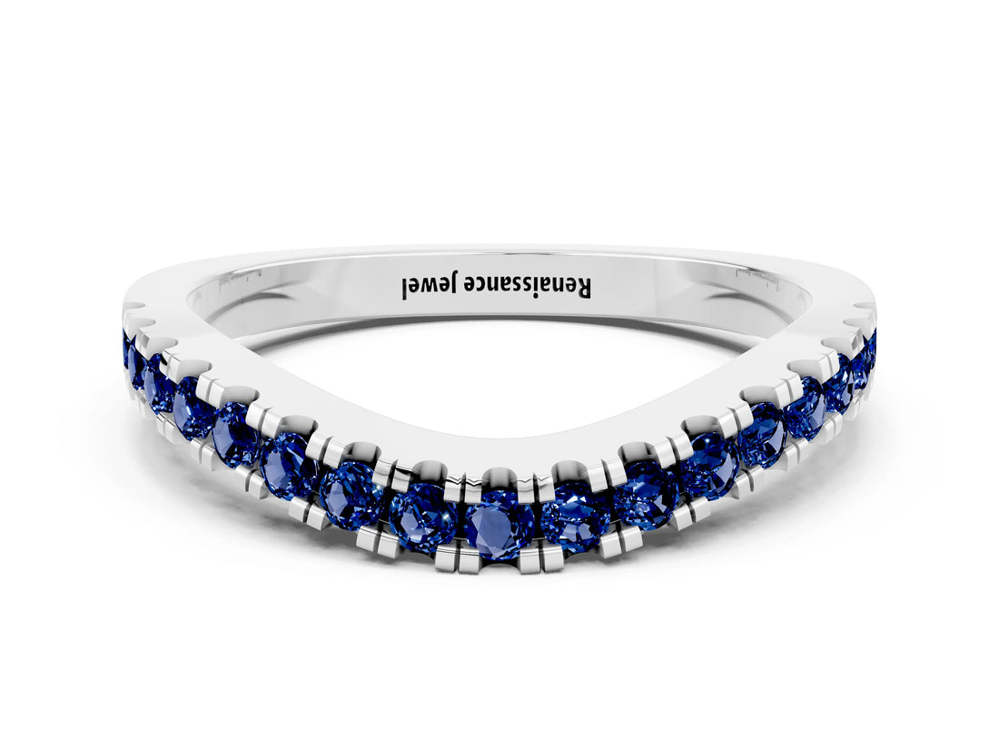 White gold Round Blue Sapphire Pavé Curved Band with Shared Prong Setting_6