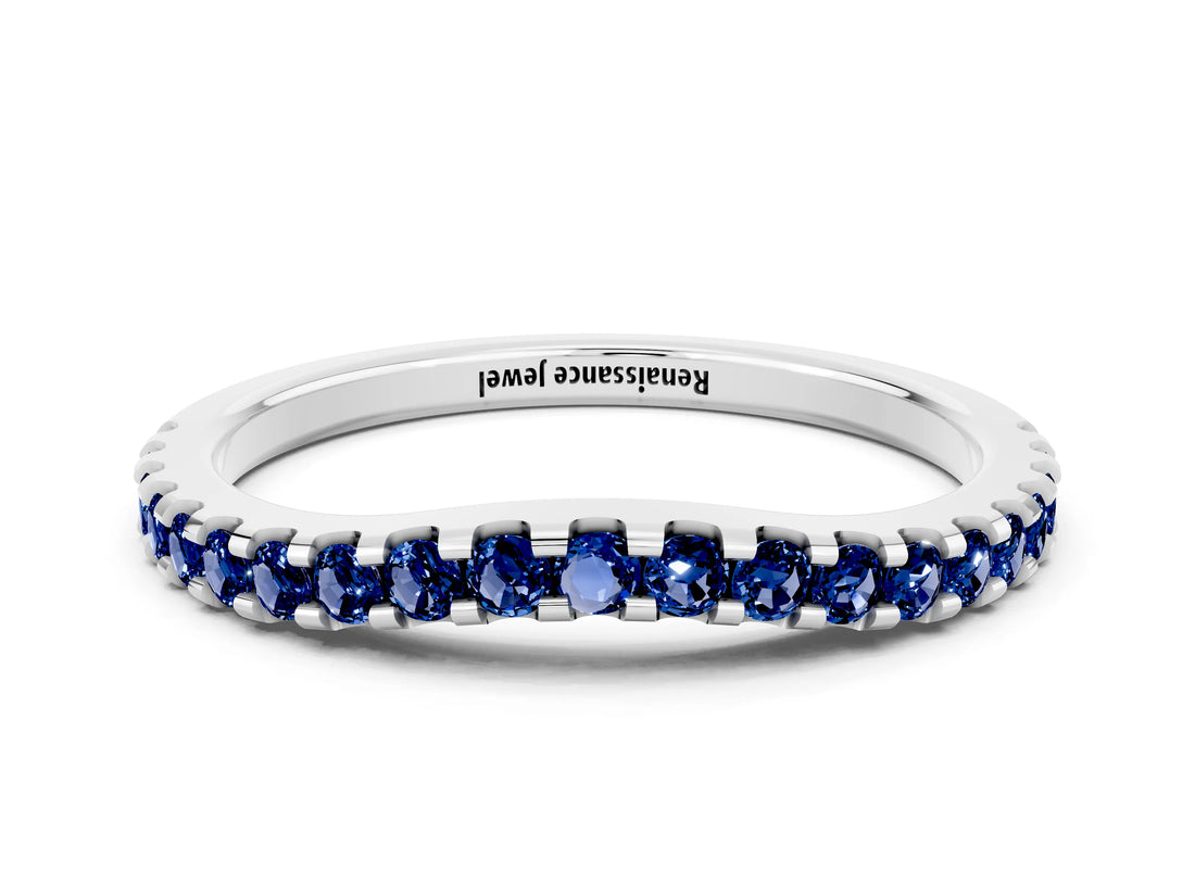 White gold Round Blue Sapphire Pavé Curved Wedding Band_14