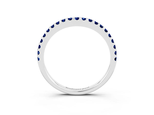 White Gold Round Lab-Grown Blue Sapphire Slim Pave Curved Half Eternity Wedding Band