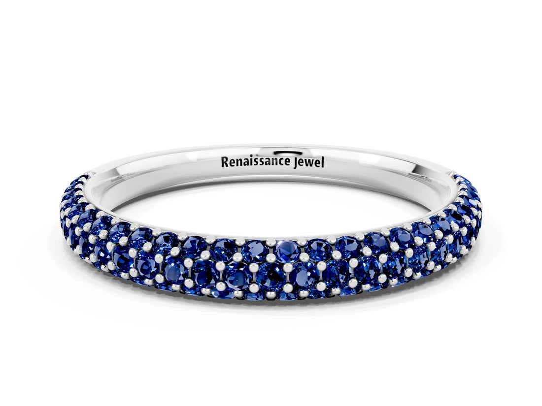 White gold Round Blue Sapphire Pavé Eternity Band with Shared Prong Setting_6