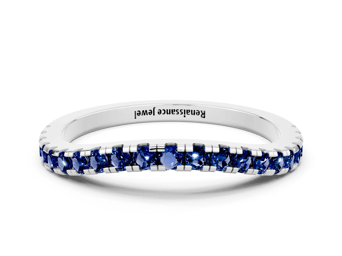 White gold Round Blue Sapphire Pavé Half Eternity Band with Shared Prong Setting_6