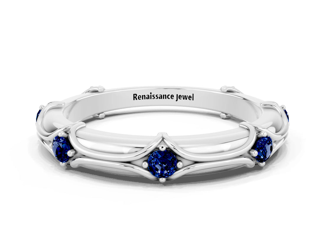 White gold Round Blue Sapphire Prong Set Milgrain Eternity Band_18