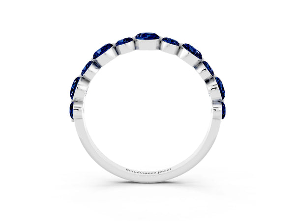 White Gold Round Lab-Grown Blue Sapphire Half Eternity Band with Scalloped Prong Setting
