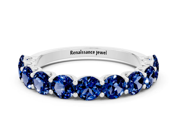 White Gold Round Lab-Grown Blue Sapphire Half Eternity Band with Open U Shared Prongs