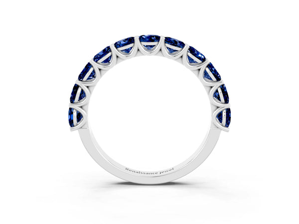 White Gold Round Lab-Grown Blue Sapphire Half Eternity Band with Open U Shared Prongs