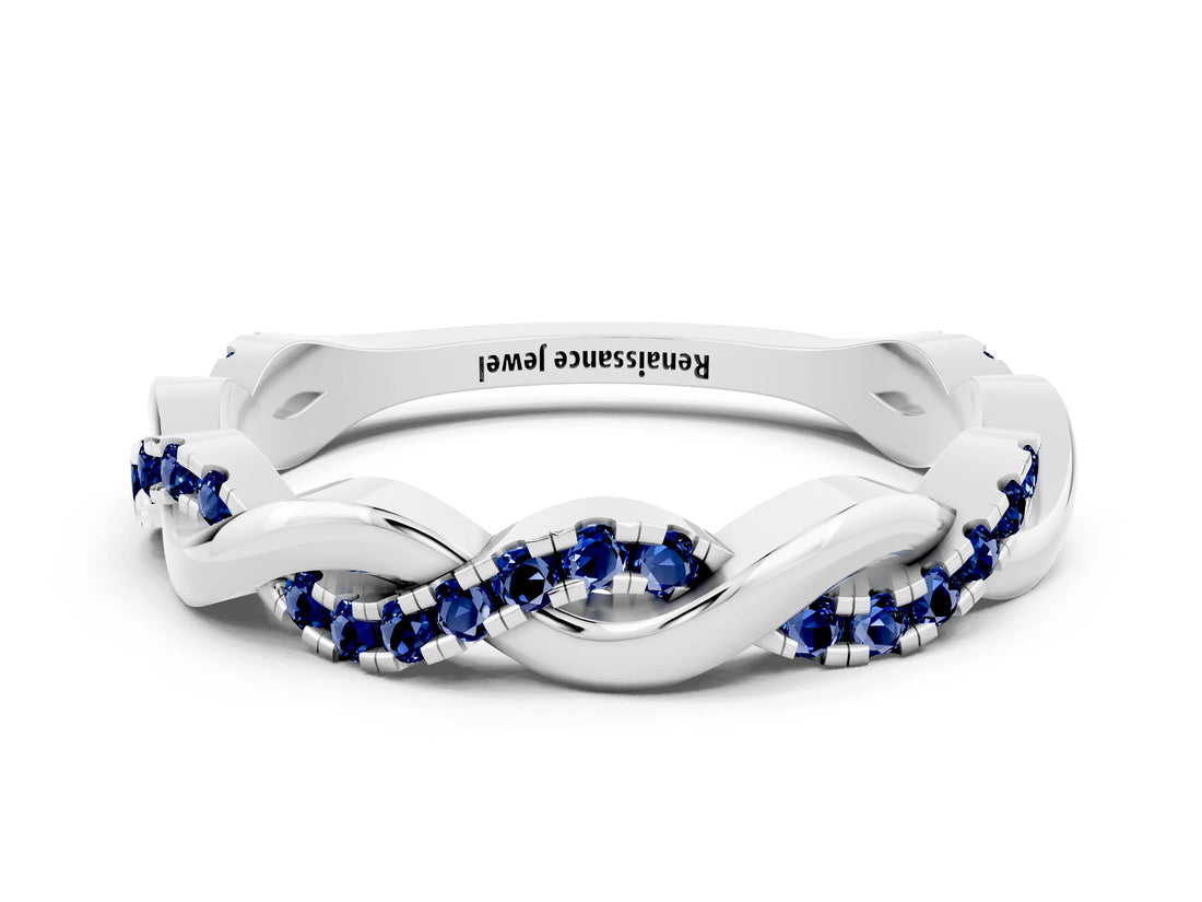 White gold Round Blue Sapphire Twist Eternity Band with Pavé Setting_6