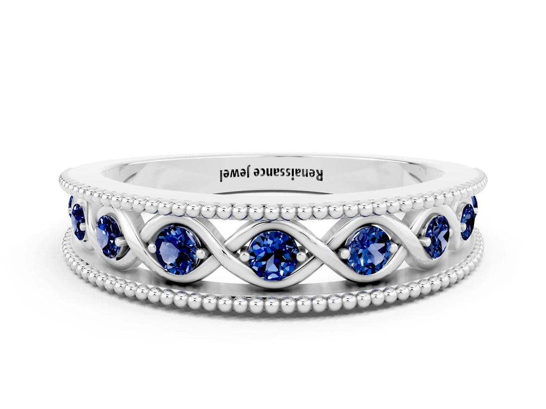 White gold Round Blue Sapphire Twist Milgrain Band with Bezel Setting_12