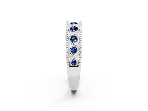 White Gold Round Lab-Grown Blue Sapphire Vintage Twist Wedding Band with Milgrain Rails