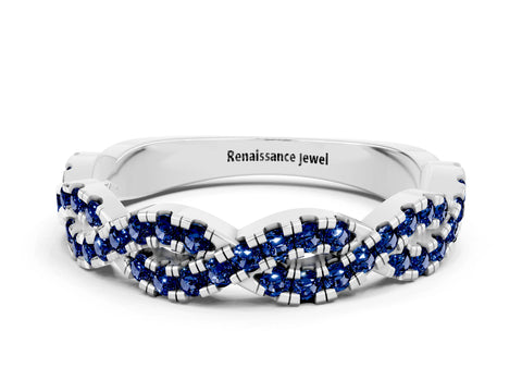 White gold Round Blue Sapphire Twisted Eternity Band with Pavé and Shared Prong Setting_6