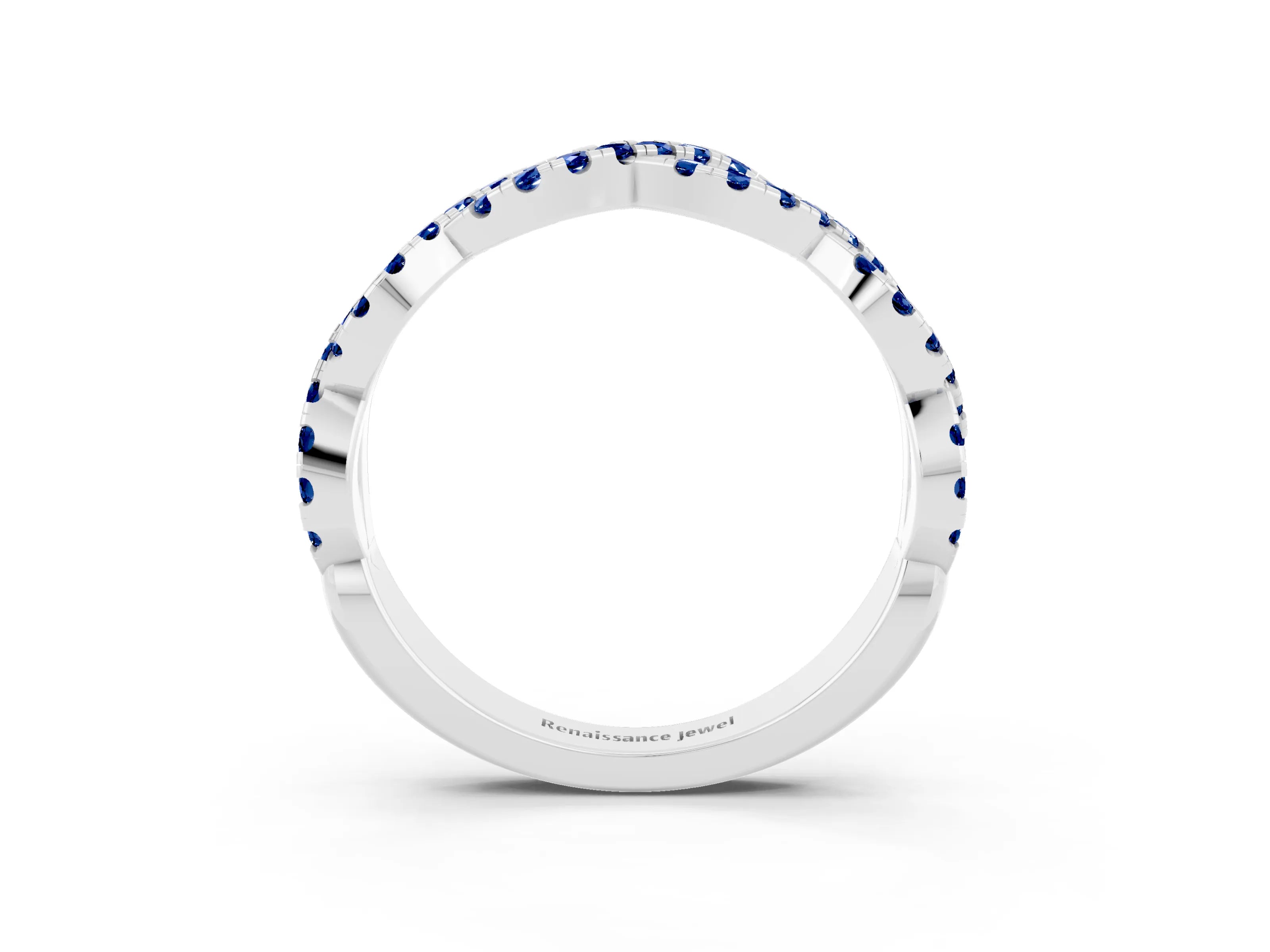 White gold Round Blue Sapphire Twisted Eternity Band with Pavé and Shared Prong Setting_9