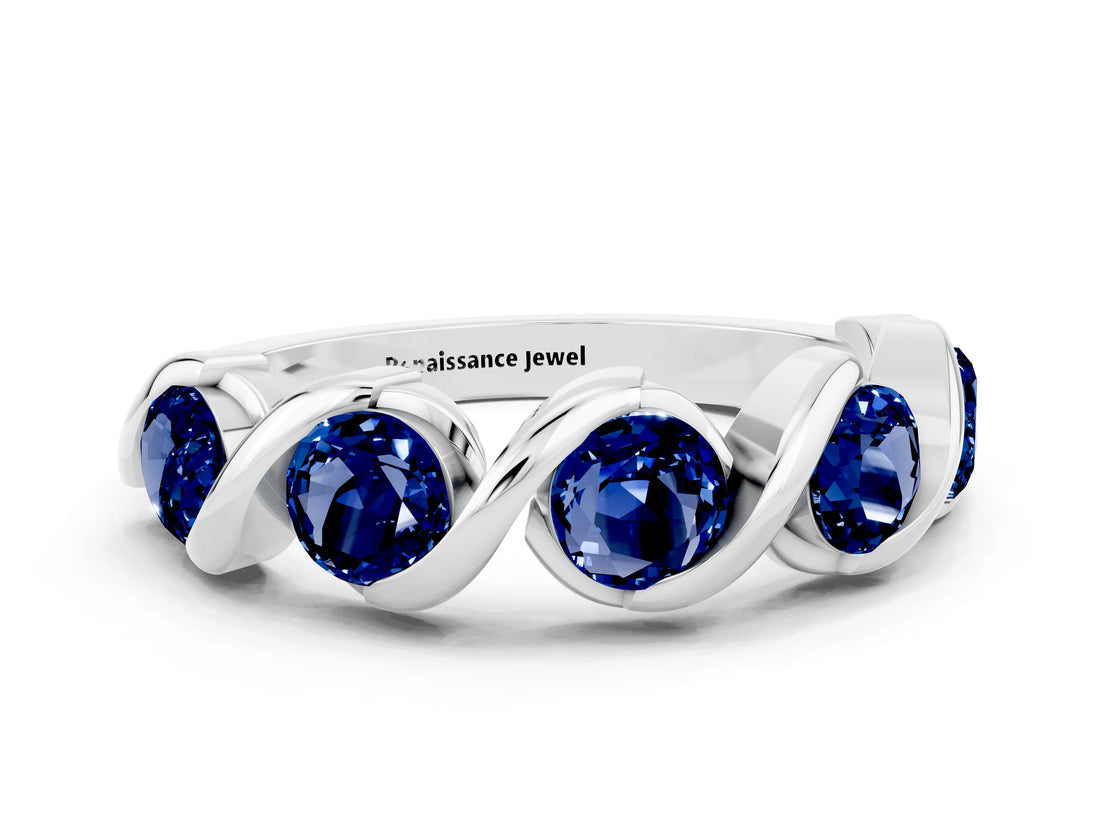 White gold Round Blue Sapphire Wave Band with Channel Setting and Shared Prongs_6