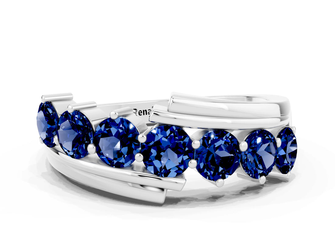 White gold Round Blue Sapphire Wave Band with Channel and Shared Prong Setting_18