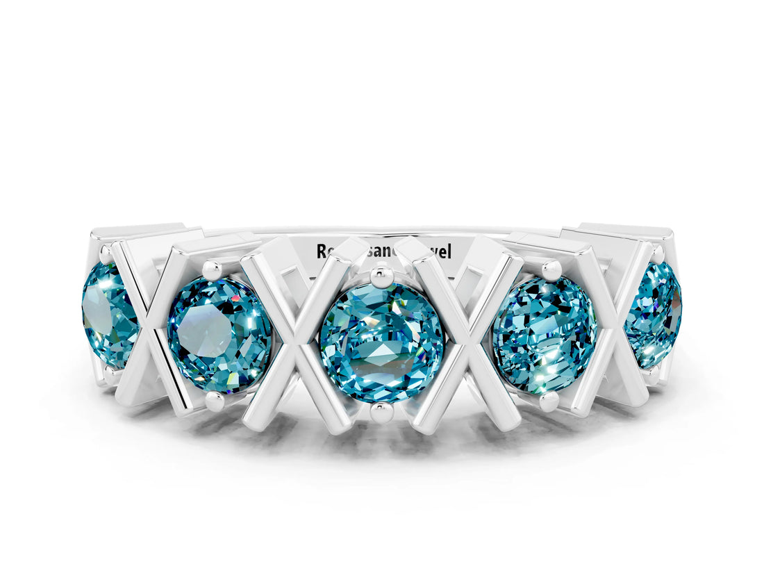 White gold Round Blue Topaz Channel Set Band with X-Prong Detail_6