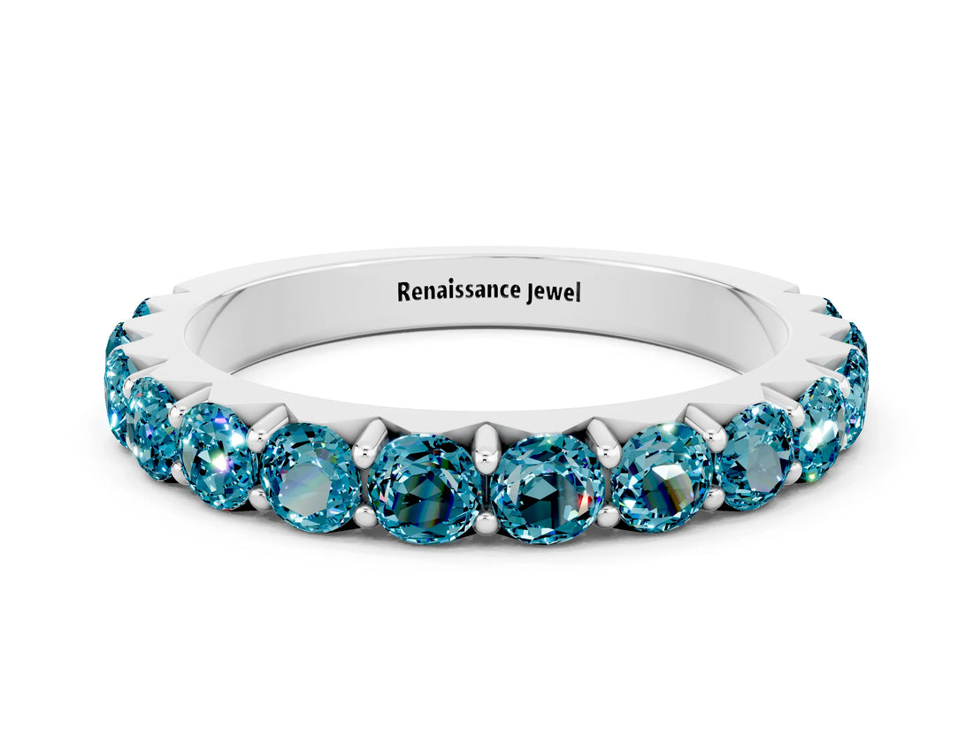 White gold Round Blue Topaz Half Eternity Band with Classic Prong Setting_6
